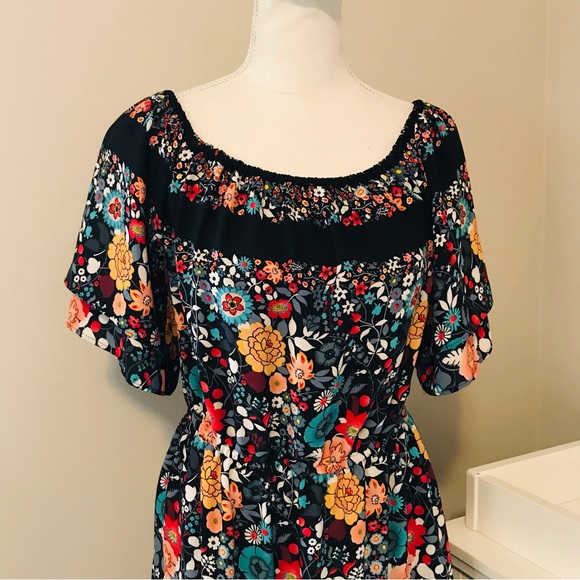 LOFT Midi Floral Peasant Boho 3-Season Flowy Black Floral Dress (MED) LIKE NEW! - Picture 3 of 7